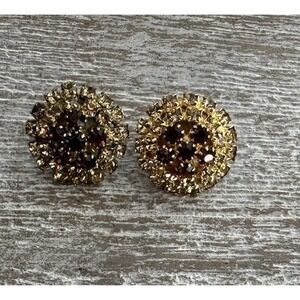 Vintage Clip On Earrings Multicolor Rhinestone Cluster Gold Tone Citrine Amber
